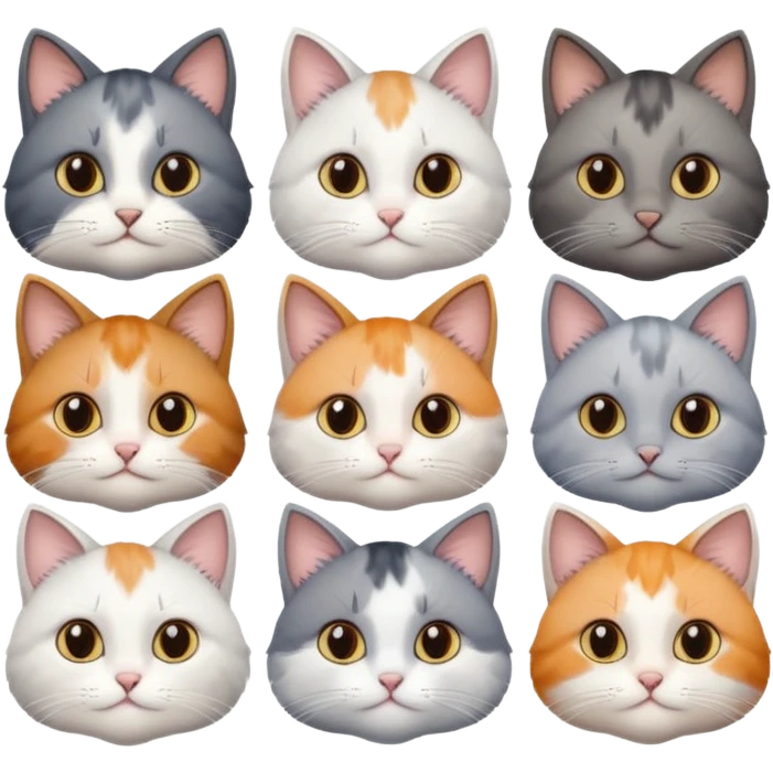 6 realistic looking cats with different natural coloured coats, assorted grey and white, greys, calico, brown and white colours etc
 emoji