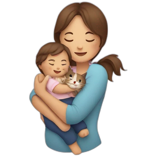 a mom cuddling with a cat and a baby emoji
