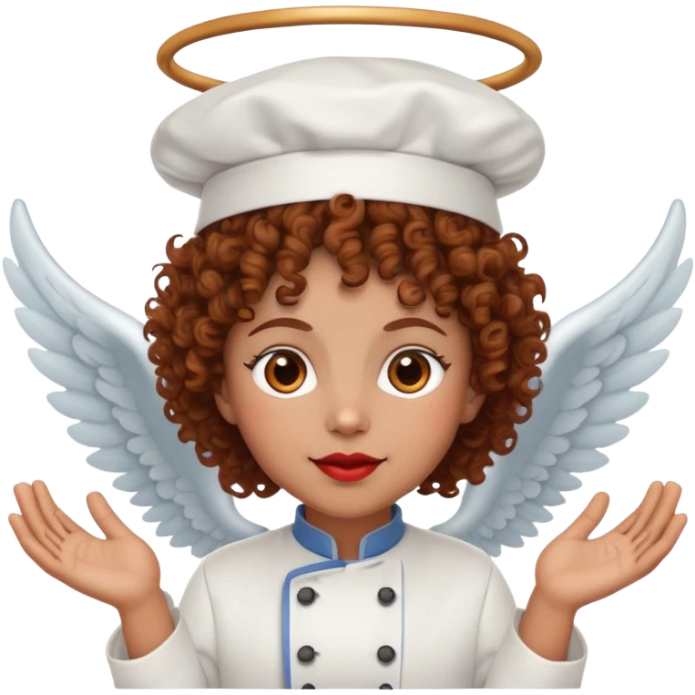 Chef cuisinière métisse aux cheveux bruns moyens et bouclés, avec une toque, une auréole d'ange et des cornes de diable emoji