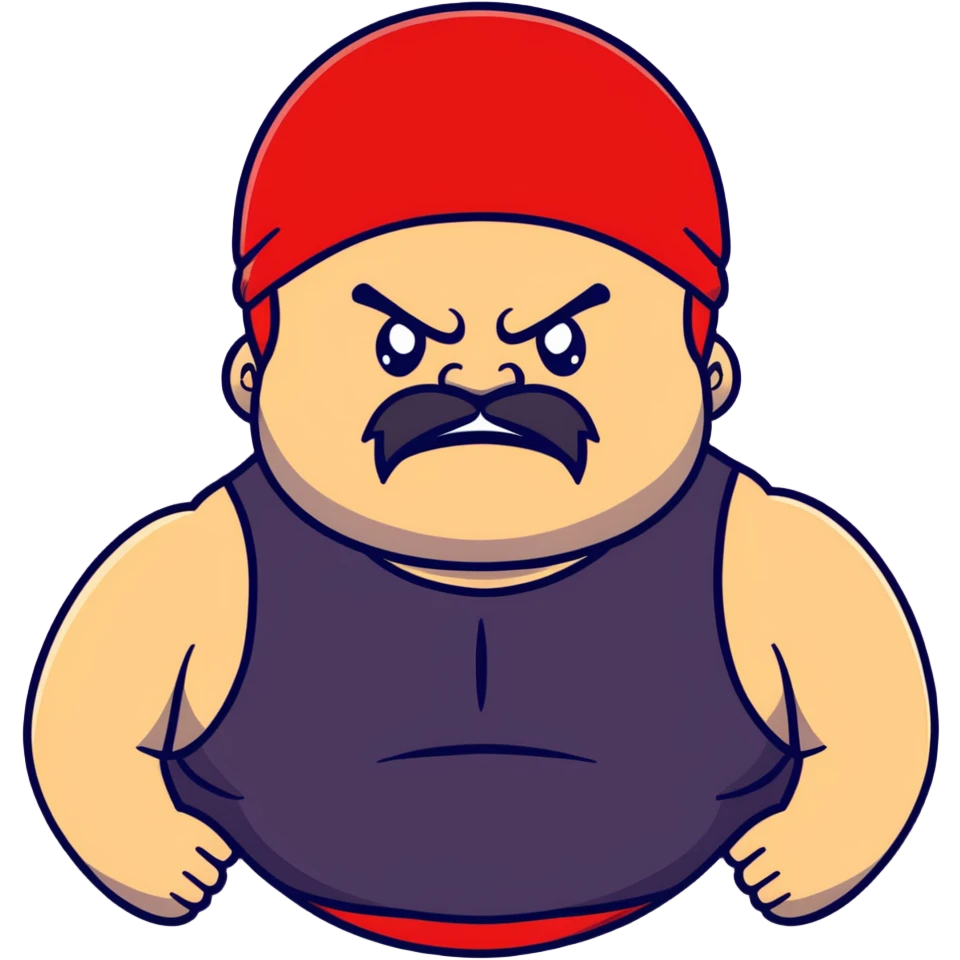 Close-up of very fat white skin guy with young face, beard and mustache, no muscle with prominent black durag, black eyes in a red and black wrestling singlet with angry face emoji