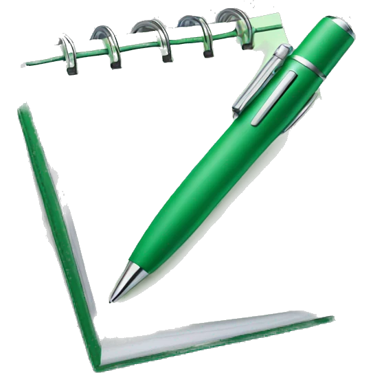 A chrome pen and a green notepad emoji