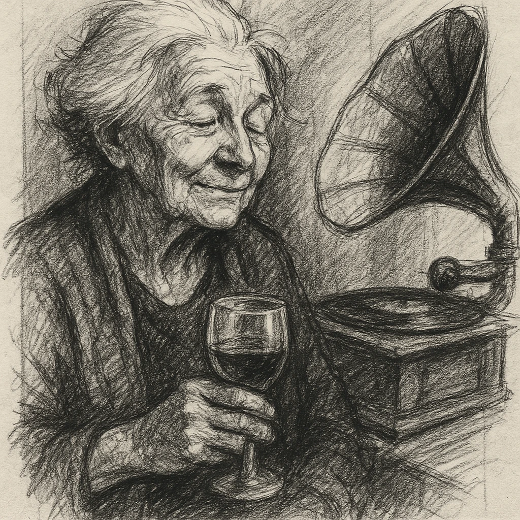 old lady with wineglass listening to gramophone emoji
