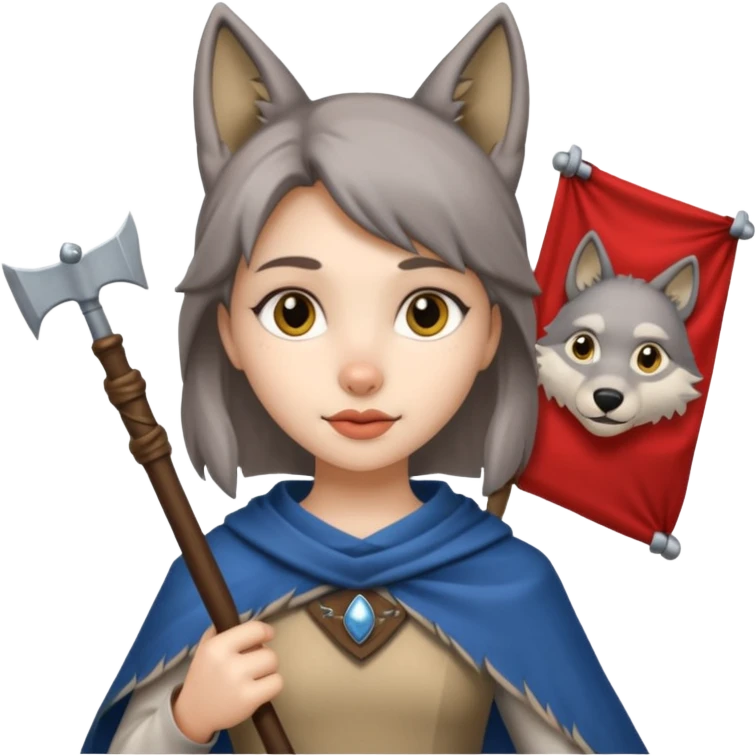 Medieval wolf girl holding a banner that say #Wolf99 emoji