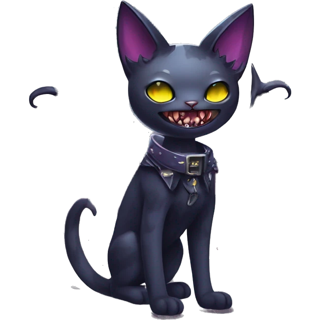  cool edgy kawaii ethereal dark-punk-themed animal vampiric cat-hybrid Fakemon with fangs and bat-wing-ears with a collar full body emoji