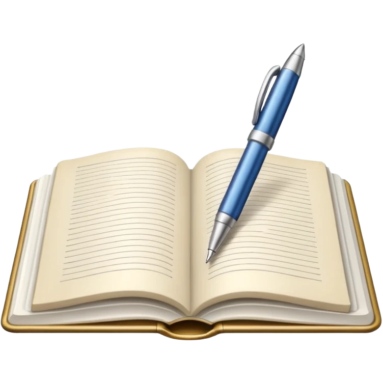 "A white open book,The pen should be positioned as placed exactly in the center between the pages.  if held by a right-handed person - meaning the direction is reversed compared to a left-handed grip. The pen should be uncapped, and the cap placed behind it." emoji