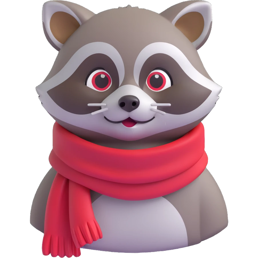 mischievous raccoon wearing a red scarf, 3D emoji style emoji