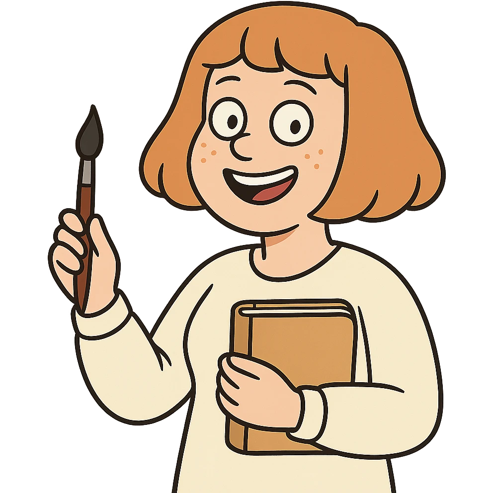 happy light-skinned woman writer, strawberry blonde page haircut, round face, freckles, smiling, holding a paintbrush and journal emoji