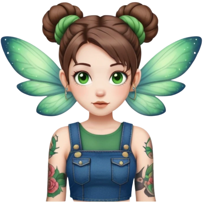 Fairy with: brown hair in bob half up in space buns, pale skin, tattoos, green eyes, a denim skirt emoji