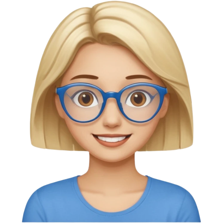 Asthectic pretty Blonde women brown eyes, blue glasses, waring a brown top smiling with hearts around her. emoji