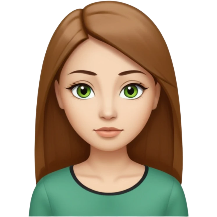 Adult woman avatar, light skin tone, oval face, long straight brown hair, green almond-shaped eyes with dramatic eyelashes and minimal eyeliner, neutral mouth, medium straight eyebrows, small nose, smooth skin emoji