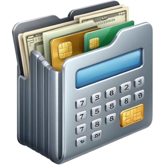 Closed folder icon with small symbols floating around: bank building, credit card, calculator, and document – organized financial archive emoji