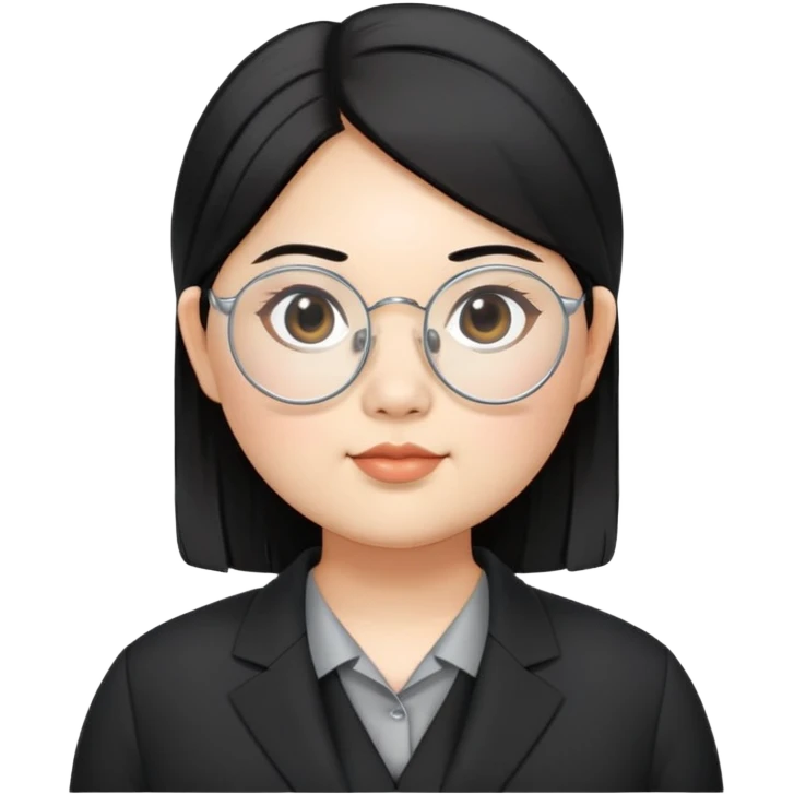 chubby asian waman wear thin siver circle glasses round eyebrow medium black hair wear black suit shirt  emoji