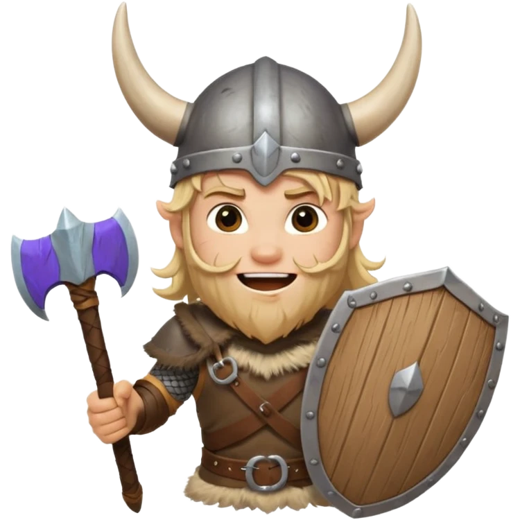 A young Viking warrior with messy blond hair, wooden shield, and fierce excited grin with horned helmet emoji