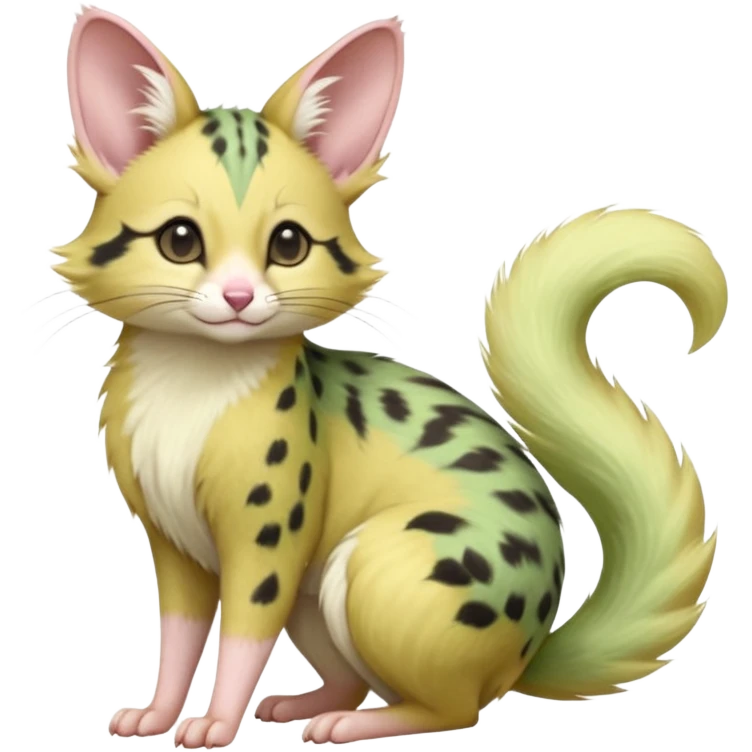 Pastel green pastel lime color golden yellow beige, soft natural realistic divine beautiful elegant pretty precious cute young youthful  Fakémon-Pokémon-opossum-feline-mouse-serval-caracal-chinchilla-Minccino-Cinccino-Meowstic-rodent-hybrid-creature with a big fluffy bushy tail (full body) emoji