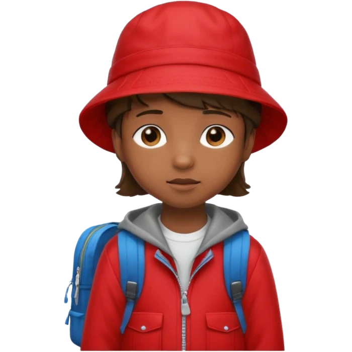 Little student brown wears red bucket hat and jacket, backpack, shy emoji