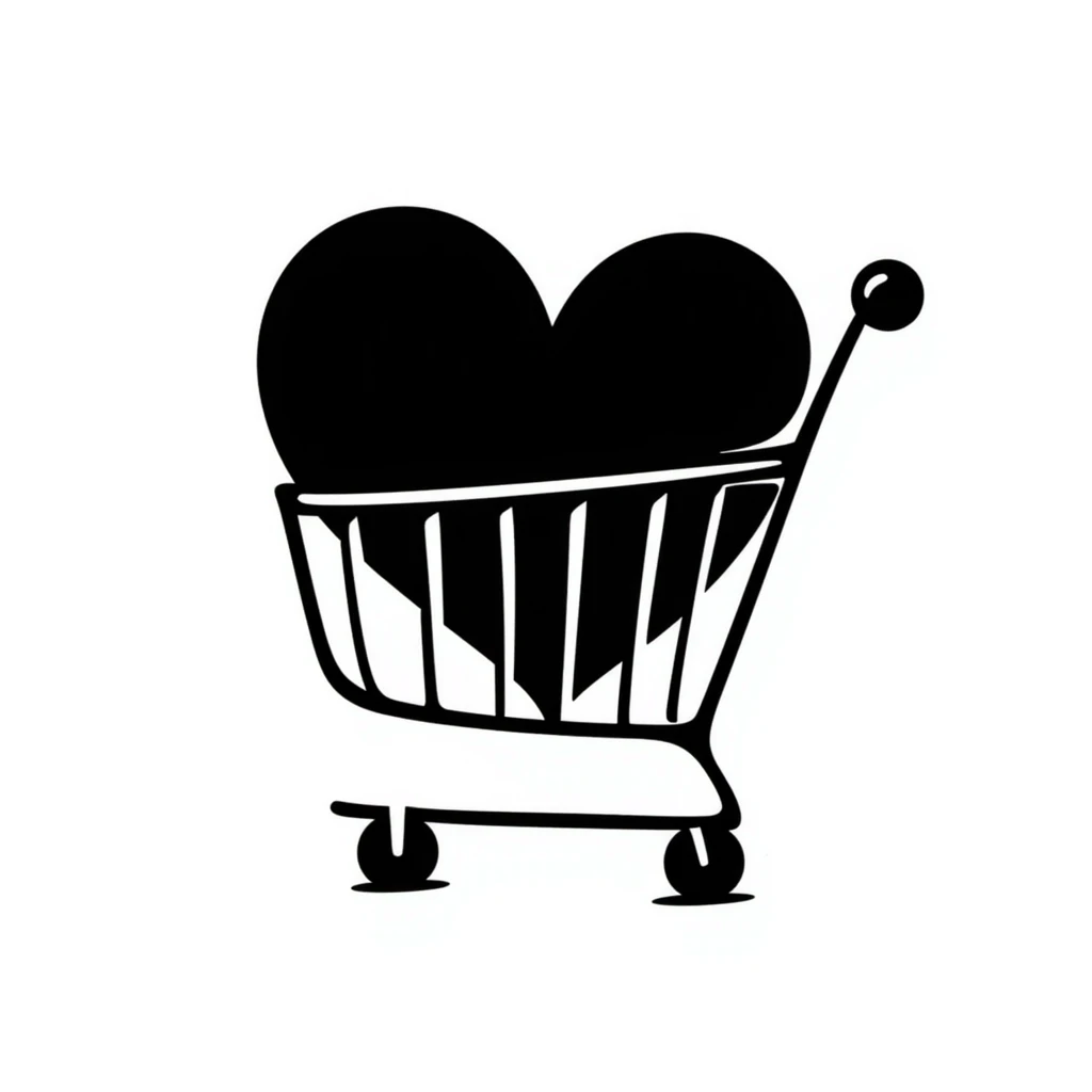 hand-drawn doodle of a shopping cart with a big red heart inside emoji