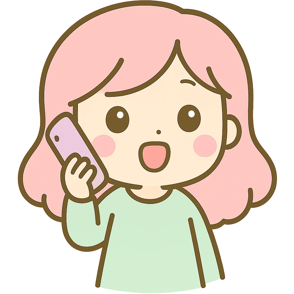 Edit the woman to look like she is talking on the phone with her mouth open as if speaking, maintaining the kawaii chibi anime style with flat pastel colors, thick outlines, and simple cute features. Use a transparent background. emoji