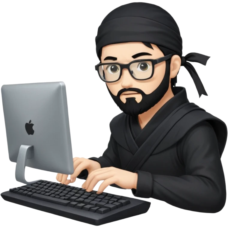 Man with black hair and beard wearing glasses in a ninja costume typing on a computer keyboard emoji