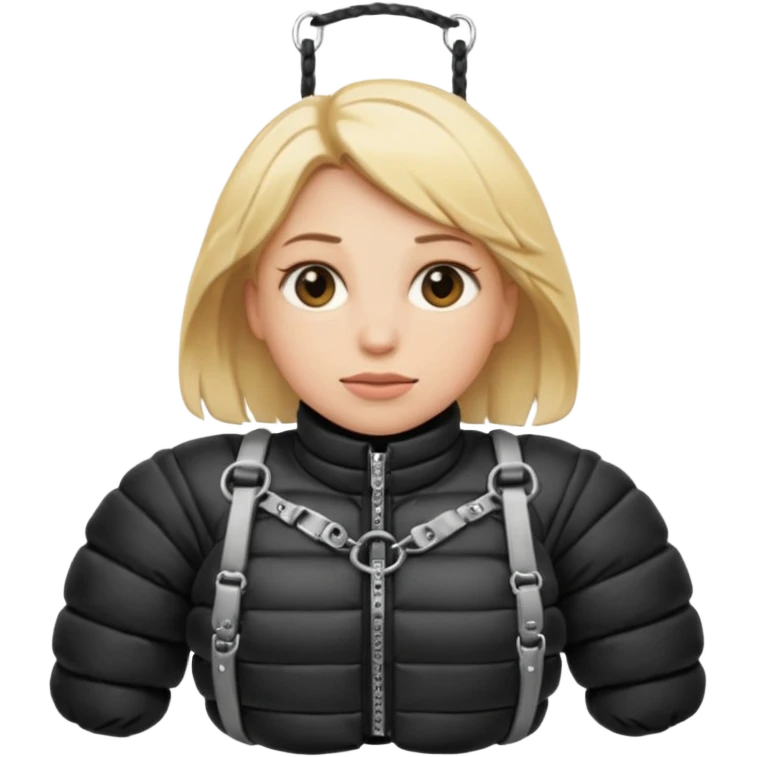 blond female emoji wearing a black down jacket, under bondage emoji