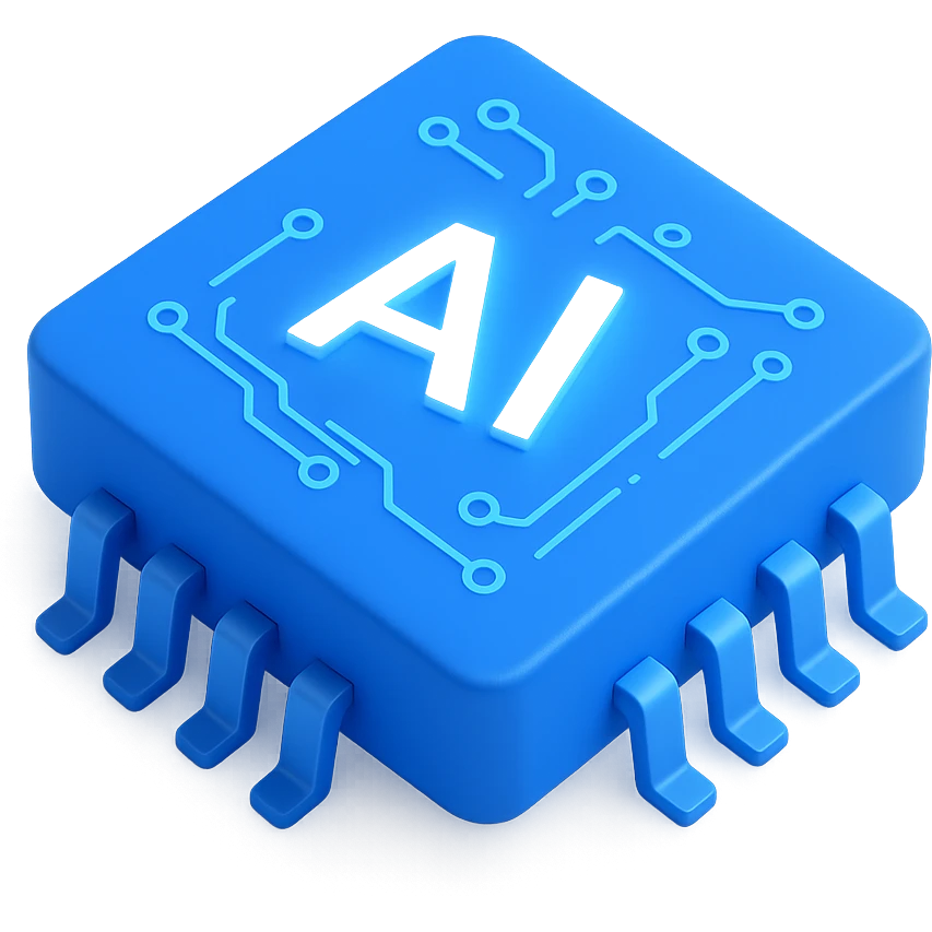 3D blue style microchip with AI elements, glowing blue highlights, sleek and advanced, no text emoji