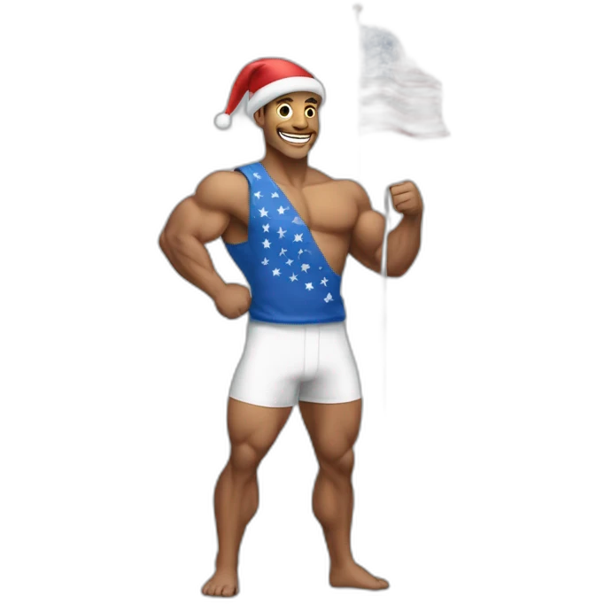 Create a full-body emoji of a muscular man, wearing a New Year's hat and holding a generic celebratory flag. emoji
