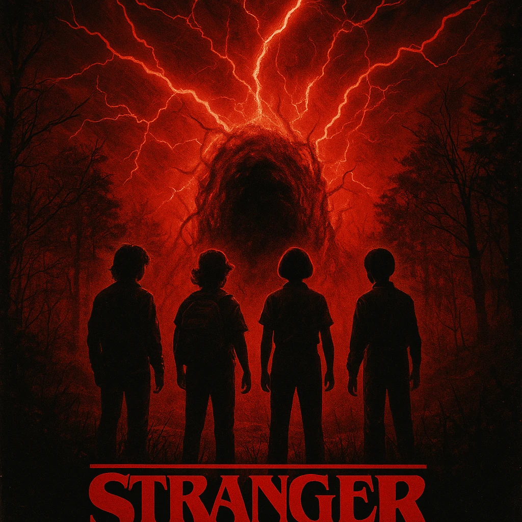 Stranger Things series horror poster style, the kids standing in front of the Upside Down portal with red lightning emoji