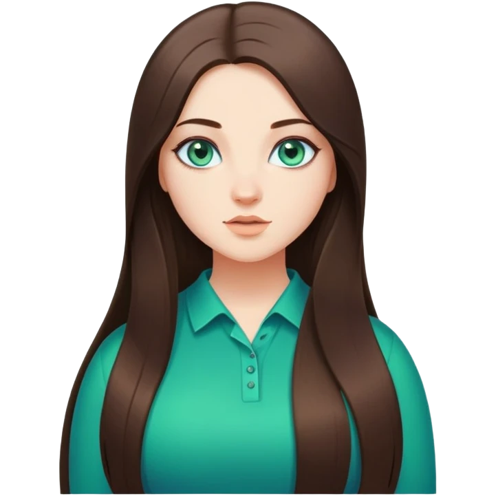 Curvy but beautiful brunette girl, blue/green eyes, pin straight super long hair, saturated details emoji