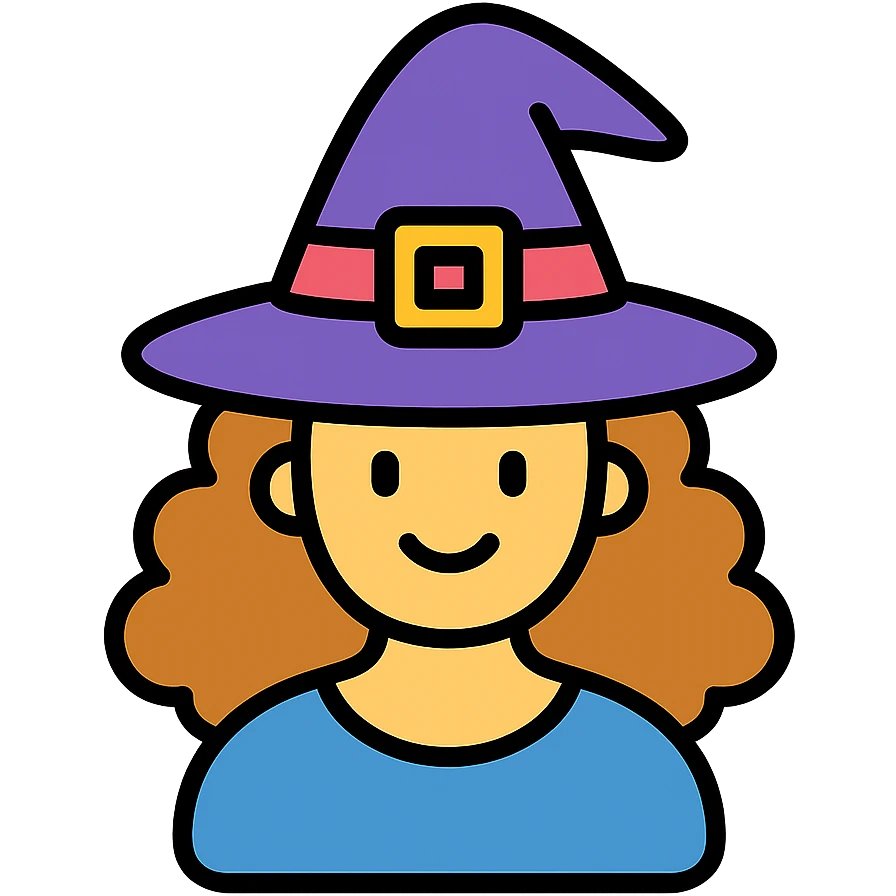 color outline icon of a witch with caramel brown curly hair emoji