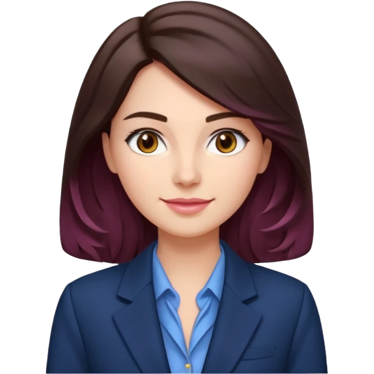 Roupas de CEO empresária Tom de pele: clara com fundo rosado
Cabelos: longos, castanho escuro, levemente ondulados
Sobrancelhas: bem definidas e cheias
Olhos: castanhos claros (podem ser destacados com brilho)
Traços marcantes: lábios cheios e sorriso suave  emoji