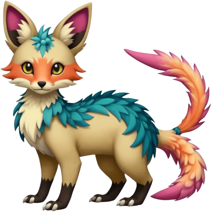 Beautiful pretty cool edgy elegant realistic Feral Rare Fantasy colorful vibrant Vernid-Trico-species-Fakemon-creature by LiLaiRa, random markings, tufted tail, tufted ears, full body emoji