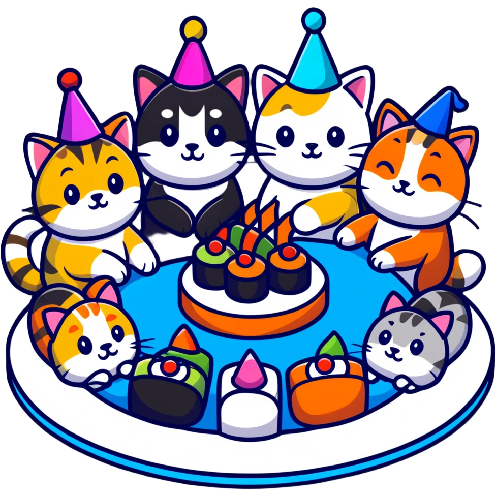 six different cats arranged in a circle, celebrating with party hats, each cat holding a piece of sushi, birthday cake in the center emoji