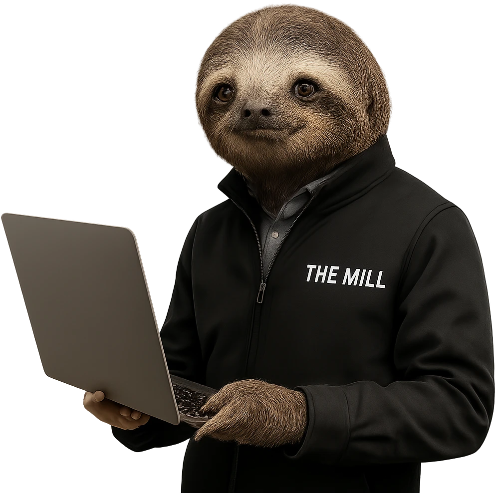 a sloth in a sharp black 'The Mill' jacket, holding a laptop, looking intelligent and businesslike emoji