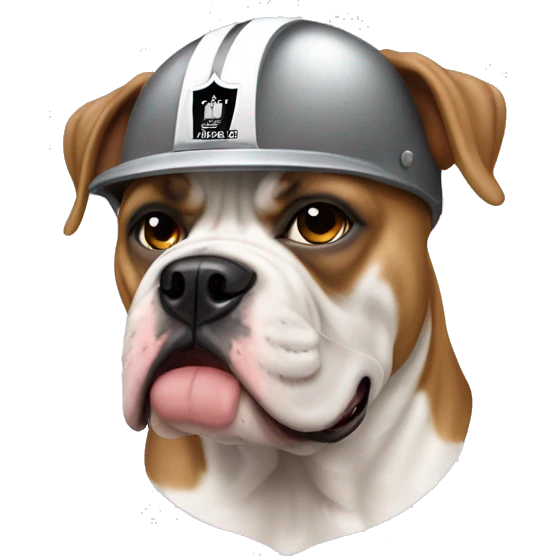Tan American bulldog cropped ears wearing a raiders helmet emoji