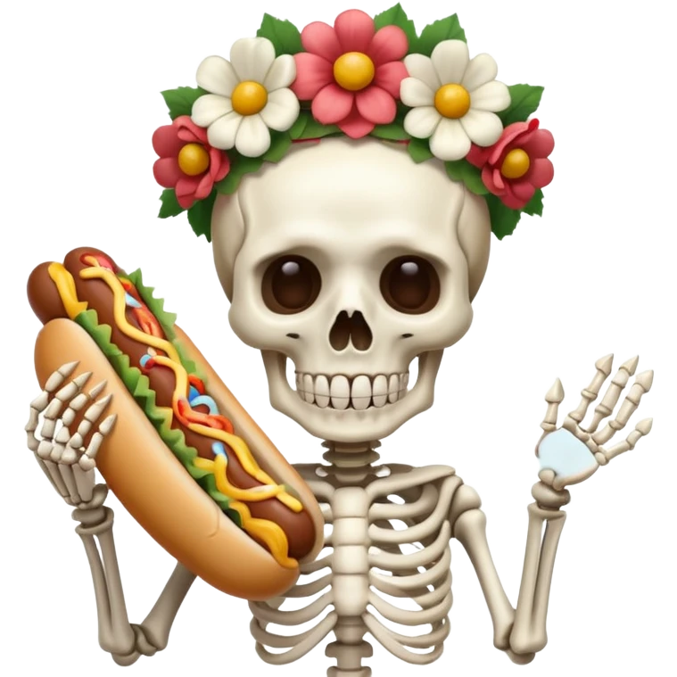 skeleteon with floweer on head with hotdog emoji