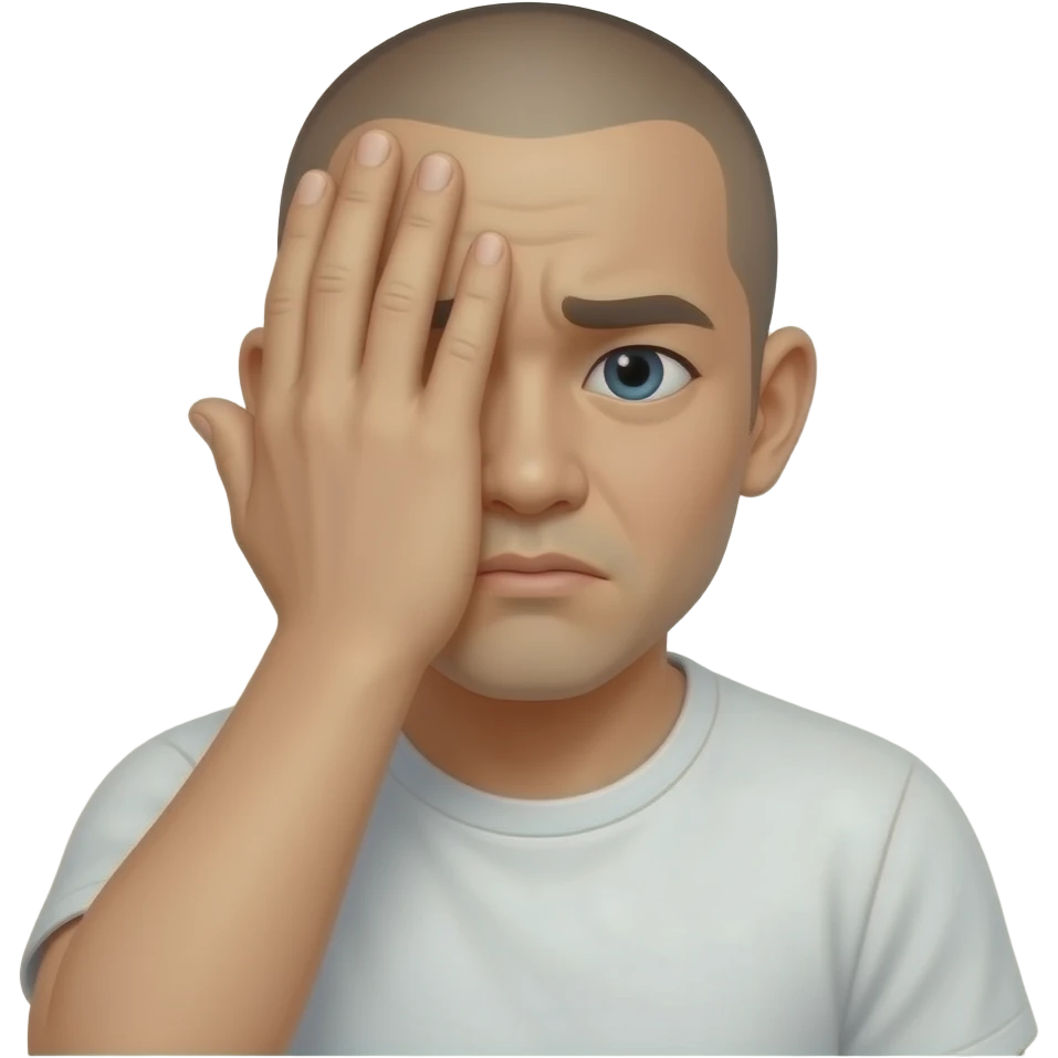 asian guy with shaved head with palm on his whole face covering face shaking his head in disbelief with white t shirt on emoji