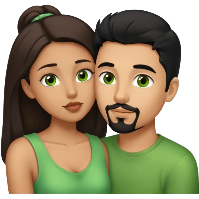 Boy with goatee￼ and black hair brown eyes kinda tan kissing girl brown hair green eyes a little tan emoji