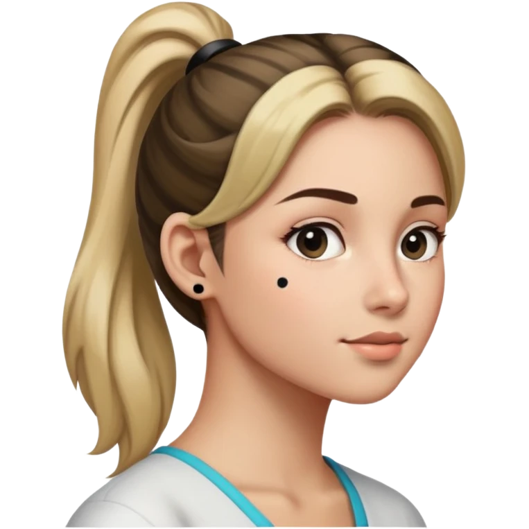 woman facing left side with ponytail and a black dot on her cheek emoji