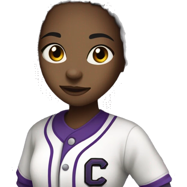 baseball card character. black girl. dread locs. letter C logo. Purple and white uniform.  emoji