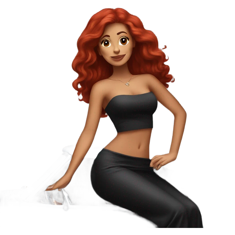 Very fit Latina with long red hair a black mini skirt and black tube top sitting on a classic car emoji