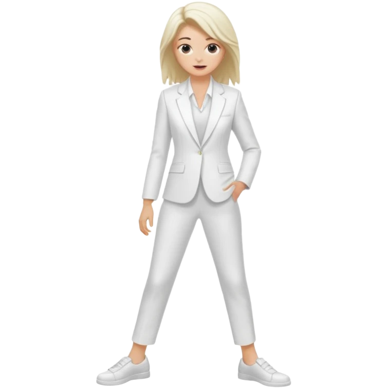 Chica blanca, traje pantalón blanco, zapatos blancos, pelo recogido con mechones sueltos, cuerpo entero emoji