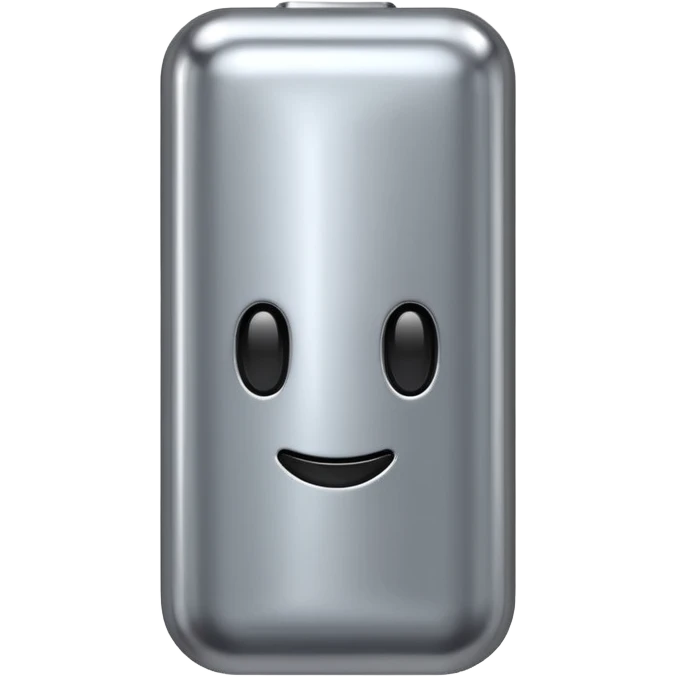 A battery emoji made of silver chrome, smooth rounded shape, minimal futuristic design, glossy metallic finish, soft reflections, iOS emoji style, centered on clean white background emoji