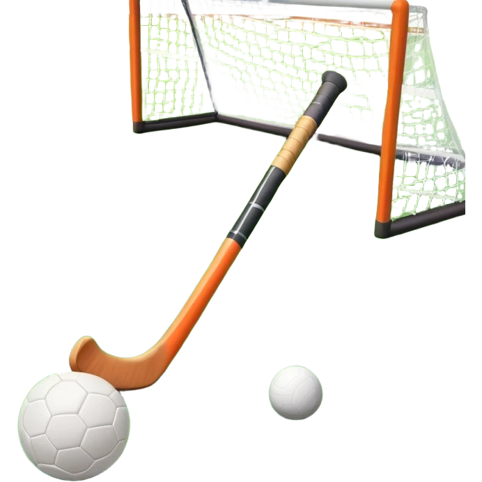 A field hockey stick and ball positioned on a vibrant green grass field, with the goalposts and clear field markings in the background. The scene highlights the lush, well-maintained turf, emphasizing the speed and precision of the sport in an energizing outdoor setting. emoji