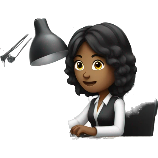 a woman with black hair working at a cool desk emoji