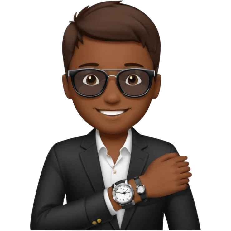 Un niño con pelo lacio color castaño,con lentes de sol negros y un reloj en la muñeca emoji