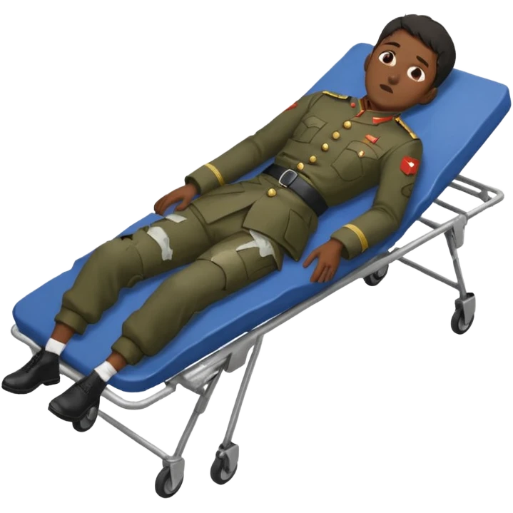 
a man of oriental appearance, dressed in torn clothes, full length, unconscious, in a prone position, with injuries on a black military stretcher, 1980 emoji