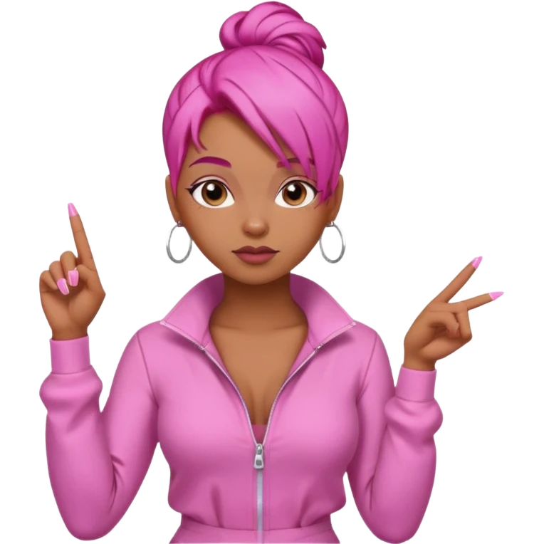 Brownskin girl , pink hair , edges ,  sassy looking pointing at the sky while pouting, pink nails, hair a slick back bun, with a pink jumpsuit  emoji