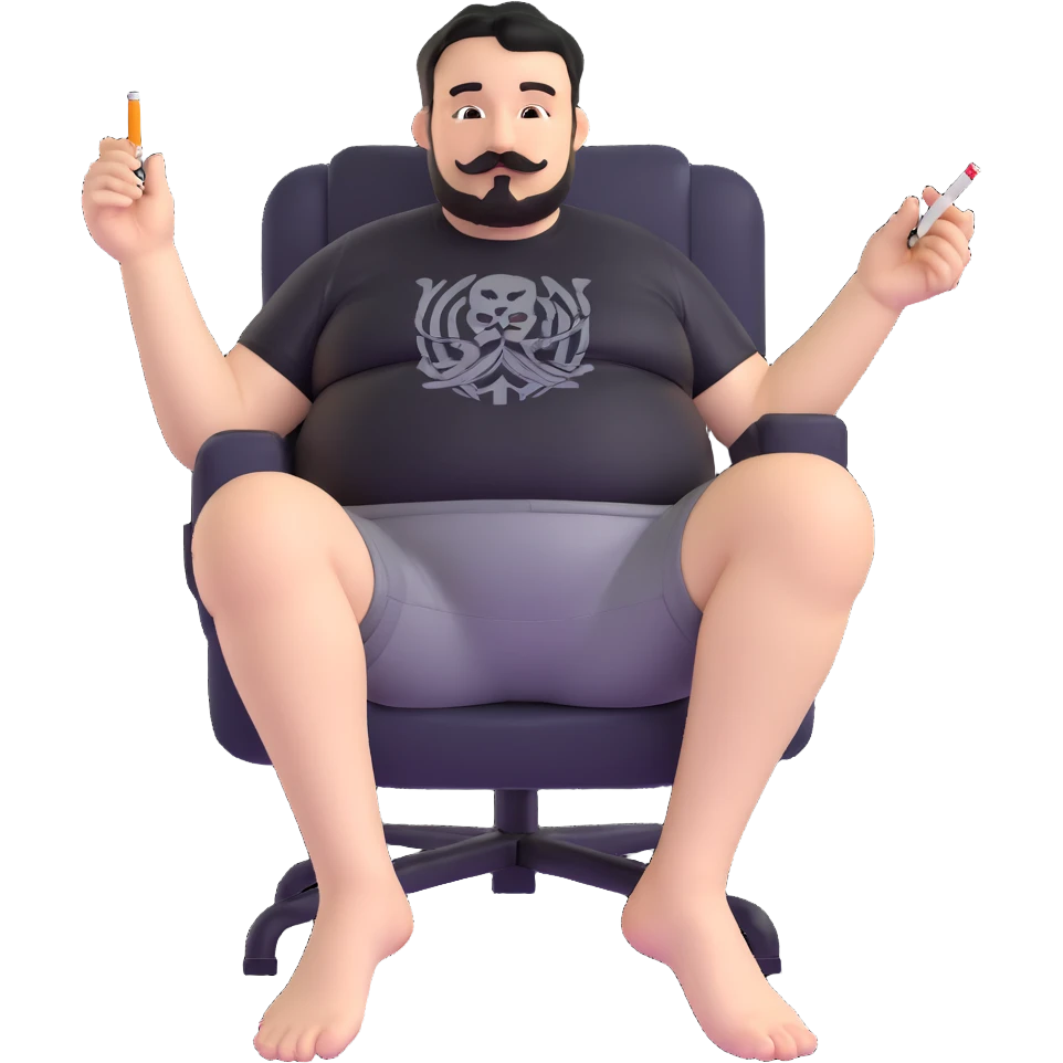 Big man relaxing in chair, legs spread wide, holding cigarette, round face, short black hair (not bald), short beard and mustache, black t-shirt with light stripes at top, exposed belly, black shorts, arms covered in black graphic tattoos with patterns visible on forearms and shoulders emoji