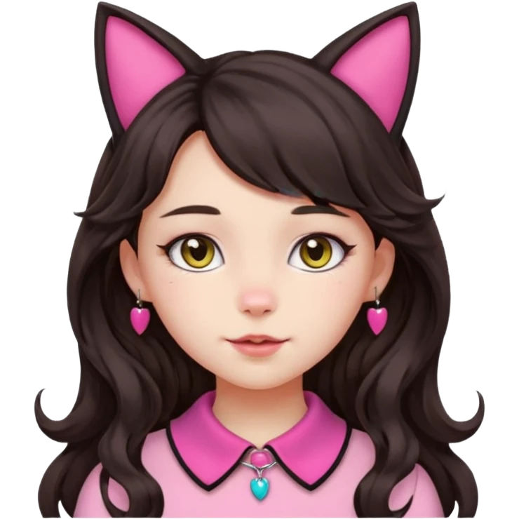 Make the girl's hair long, dark, and wavy (curled), not short or tightly curled. Keep the cat ears (no headband) and the cute pink or silver collar. Maintain the apple emoji style with a transparent background. emoji
