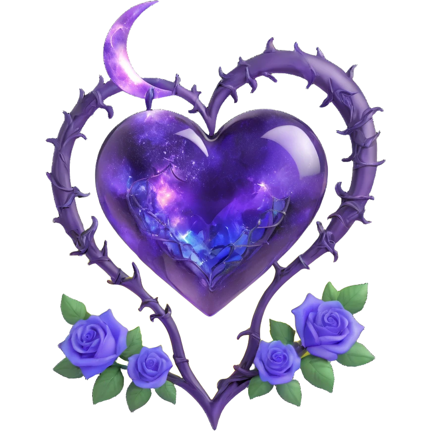 gothic heart made of smoky amethyst glass, silver crescent moon, indigo roses, holographic stardust, neon violet lightning, drenched and splintered glass emoji
