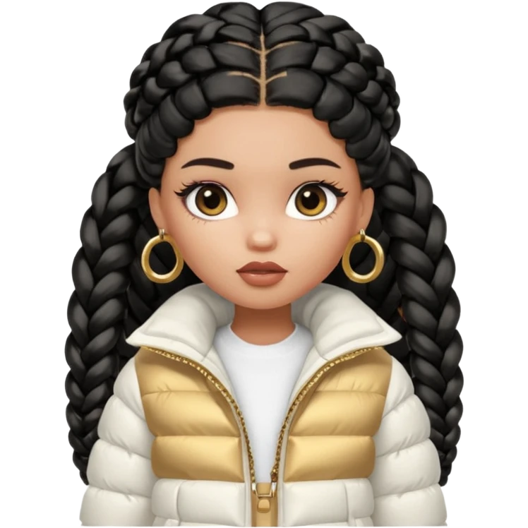 generate a pretty bratz girl with a WHITE puffer jacket, hoops, long braided hair black emoji